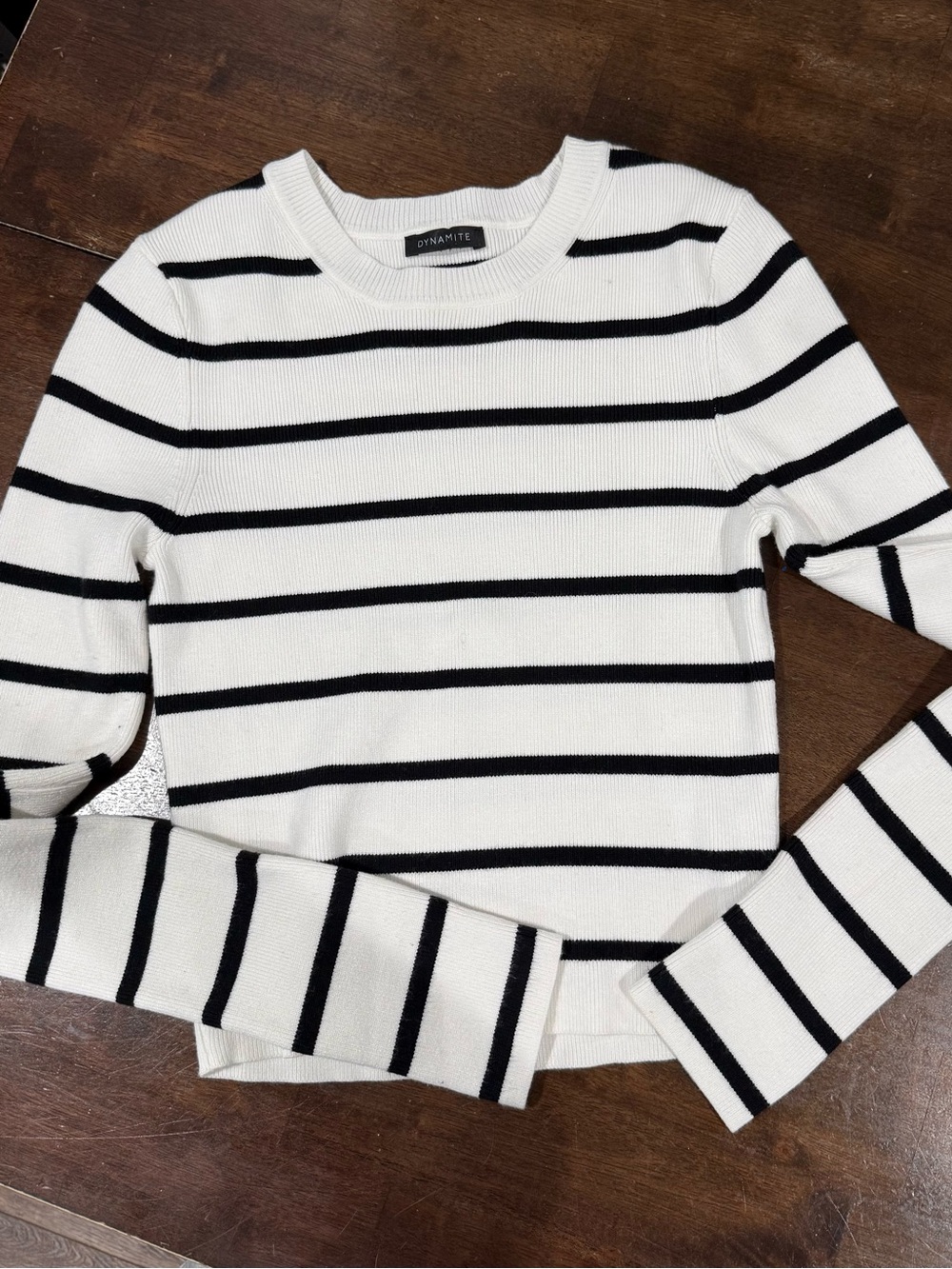 Dynamite White & Black Striped Crewneck Sweater